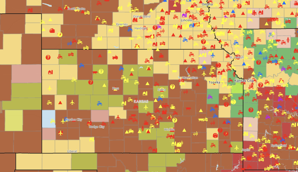 A map of the Midwest showing top commodities by county and the locations of farm injuries and fatalities.